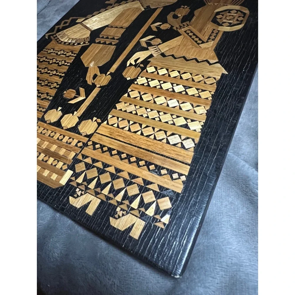 USSR 1979 Straw Marquetry Folk Art Wall Plaque Black Lacquer Harvest Decor Panel
